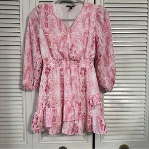 AQUA Girls Snake Print Peasant Pink Dress with Ruffle Hem Sz Large